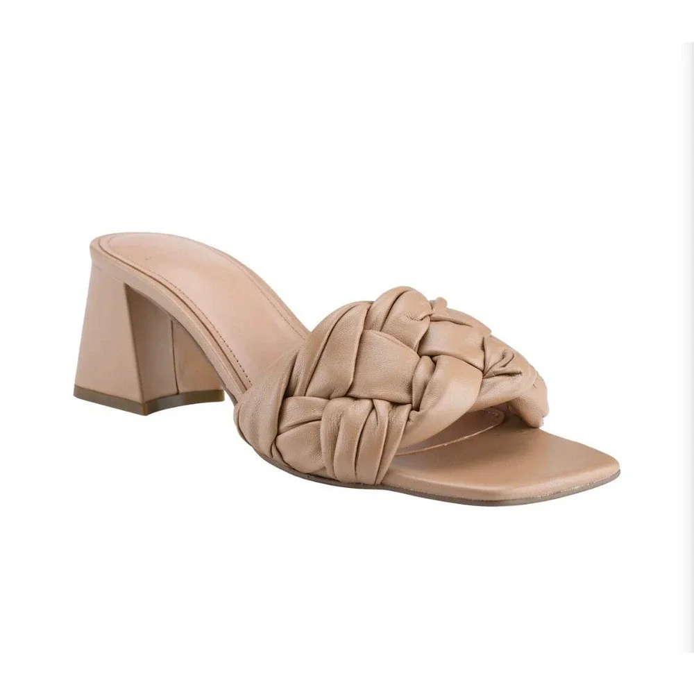 Marc Fisher Block Heel Woven Leather Sandal Cerita Shoes Pink Beige Size 9M